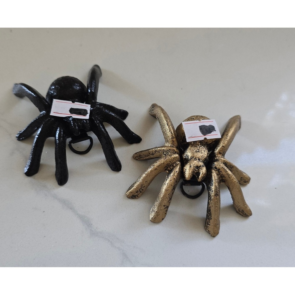 New Set of 2 Cast Iron Spider Wall Hooks Black Gold Gothic Halloween Decor